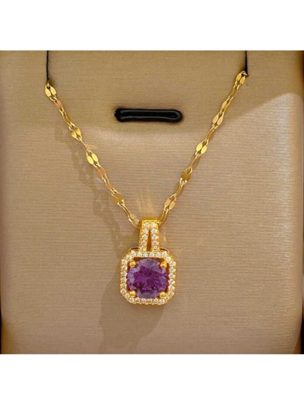 18k Gold Plated Stainless Steel Round Simulated Amethyst  Pendant, Lips Chain